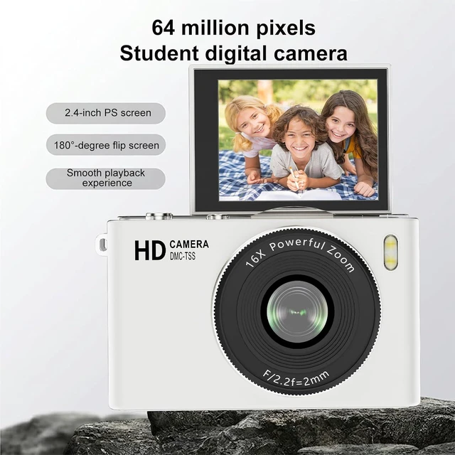 Alt view image 2 of 7 - Kids Digital Camera, 64MP 4K UHD Video, Portable Retro Selfie Camera, 2.4 inch 180 Flip Screen, 16X Zoom AF, Multiple Filming Modes (White)