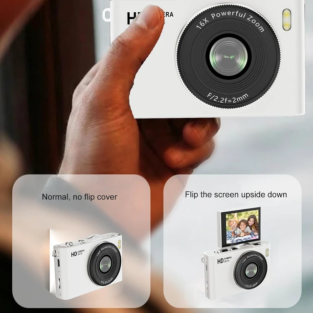 Alt view image 3 of 7 - Kids Digital Camera, 64MP 4K UHD Video, Portable Retro Selfie Camera, 2.4 inch 180 Flip Screen, 16X Zoom AF, Multiple Filming Modes (White)