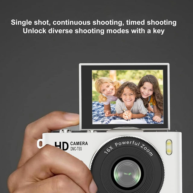 Alt view image 4 of 7 - Kids Digital Camera, 64MP 4K UHD Video, Portable Retro Selfie Camera, 2.4 inch 180 Flip Screen, 16X Zoom AF, Multiple Filming Modes (White)
