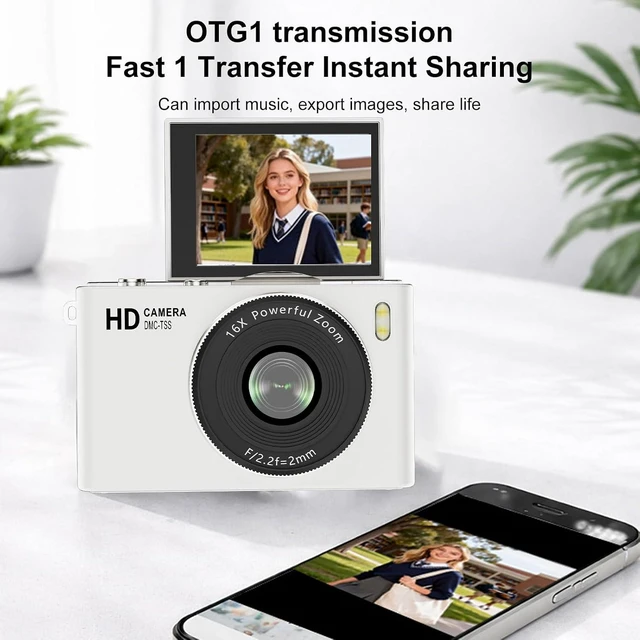 Alt view image 5 of 7 - Kids Digital Camera, 64MP 4K UHD Video, Portable Retro Selfie Camera, 2.4 inch 180 Flip Screen, 16X Zoom AF, Multiple Filming Modes (White)