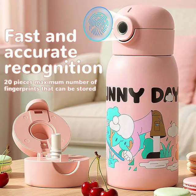 Alt view image 2 of 7 - Fingerprint Unlockable Insulated Water Bottle, 500ml Stainless Steel Vacuum Insulated Cup, IPX7 Magnetic Charging, for Kids