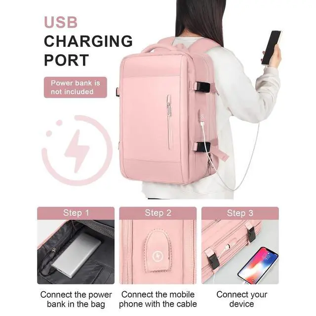 Alt view image 3 of 7 - Travel Laptop Backpack, 40L Large Sturdy Travel, for Men Women Business Casual, Weekender, College & Hiking (Pink)