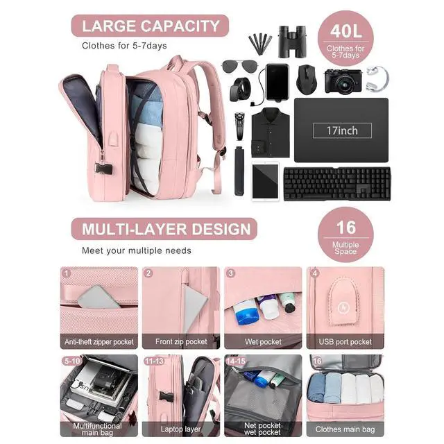 Alt view image 4 of 7 - Travel Laptop Backpack, 40L Large Sturdy Travel, for Men Women Business Casual, Weekender, College & Hiking (Pink)