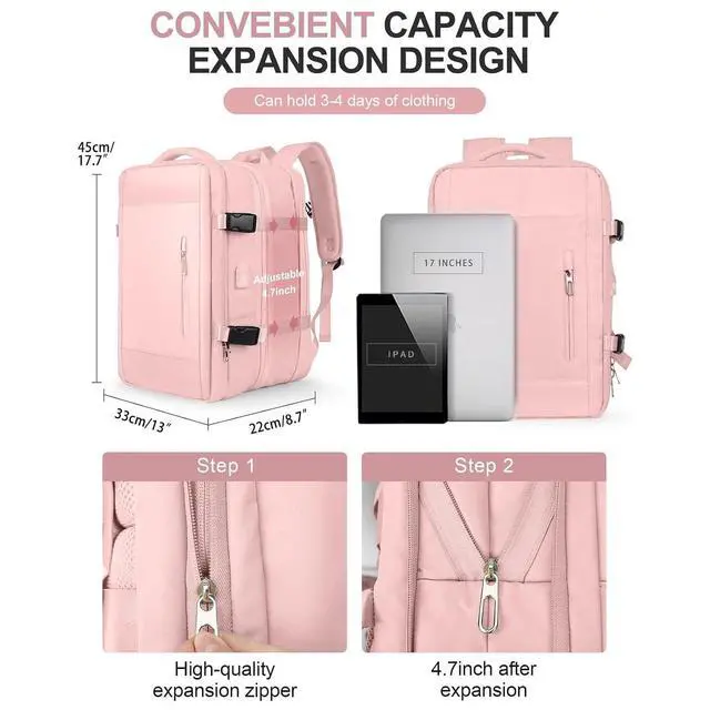Alt view image 5 of 7 - Travel Laptop Backpack, 40L Large Sturdy Travel, for Men Women Business Casual, Weekender, College & Hiking (Pink)