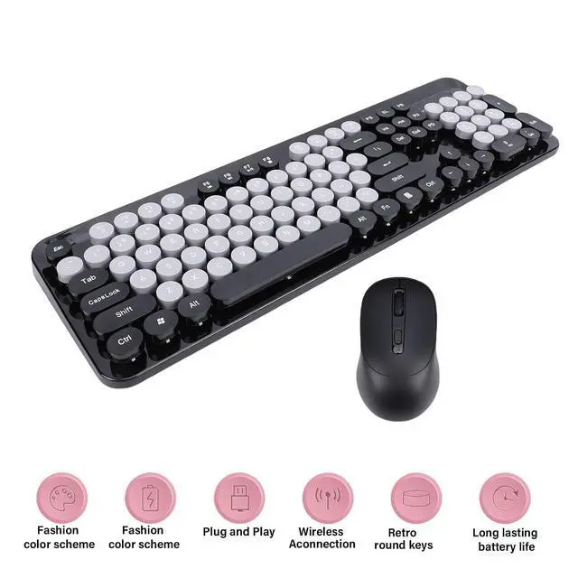 Alt view image 2 of 7 - Wireless Keyboard and Mouse Combo, 104 Key Typewriter Retro Gaming Keyboard with Ergonomic Design, Cute Quiet Mouse, for PC (Black)