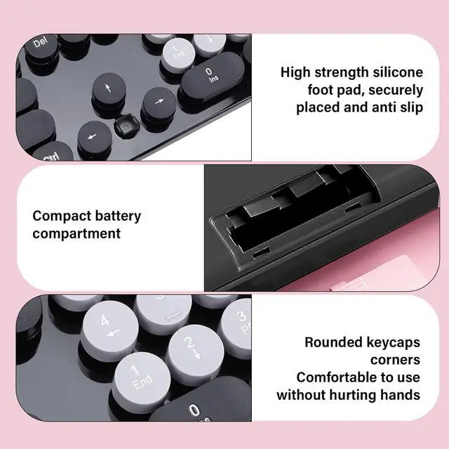 Alt view image 4 of 7 - Wireless Keyboard and Mouse Combo, 104 Key Typewriter Retro Gaming Keyboard with Ergonomic Design, Cute Quiet Mouse, for PC (Black)