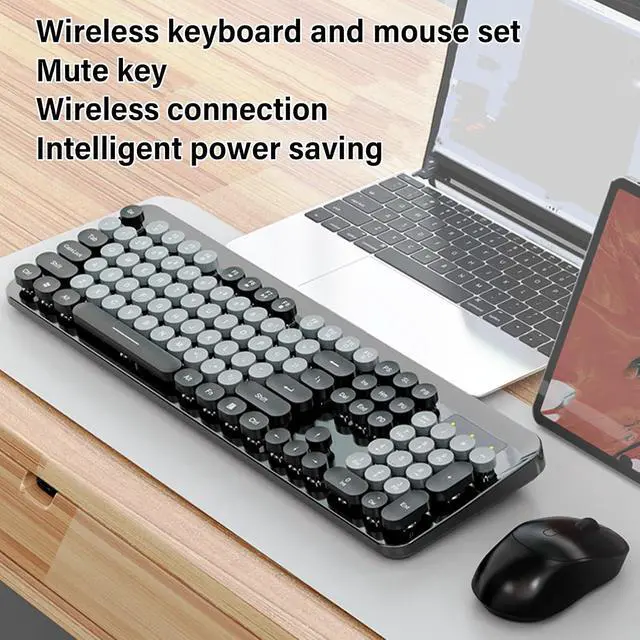 Alt view image 3 of 7 - Wireless Keyboard and Mouse Combo, 104 Key Typewriter Retro Gaming Keyboard with Ergonomic Design, Cute Quiet Mouse, for PC (Black)