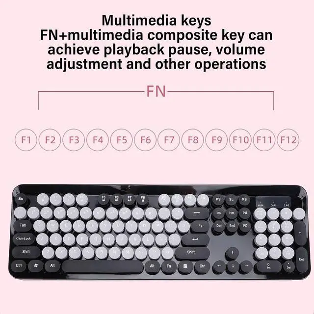 Alt view image 5 of 7 - Wireless Keyboard and Mouse Combo, 104 Key Typewriter Retro Gaming Keyboard with Ergonomic Design, Cute Quiet Mouse, for PC (Black)