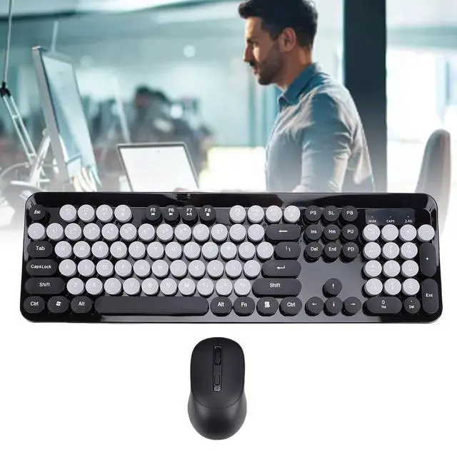 Alt view image 6 of 7 - Wireless Keyboard and Mouse Combo, 104 Key Typewriter Retro Gaming Keyboard with Ergonomic Design, Cute Quiet Mouse, for PC (Black)