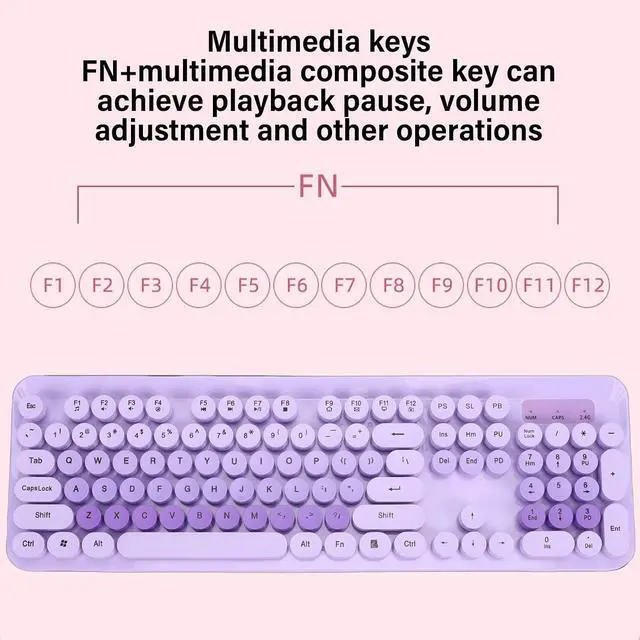 Alt view image 4 of 7 - Wireless Keyboard and Mouse Combo, 104 Key Typewriter Retro Gaming Keyboard with Ergonomic Design, Cute Quiet Mouse, for PC (Purple)