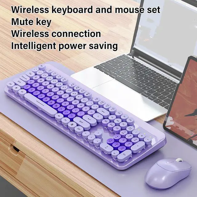 Alt view image 3 of 7 - Wireless Keyboard and Mouse Combo, 104 Key Typewriter Retro Gaming Keyboard with Ergonomic Design, Cute Quiet Mouse, for PC (Purple)