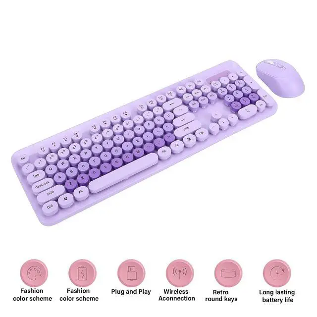 Alt view image 2 of 7 - Wireless Keyboard and Mouse Combo, 104 Key Typewriter Retro Gaming Keyboard with Ergonomic Design, Cute Quiet Mouse, for PC (Purple)