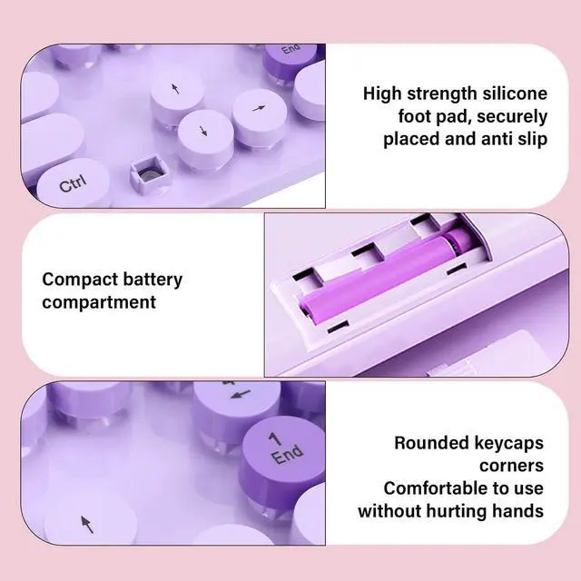 Alt view image 5 of 7 - Wireless Keyboard and Mouse Combo, 104 Key Typewriter Retro Gaming Keyboard with Ergonomic Design, Cute Quiet Mouse, for PC (Purple)