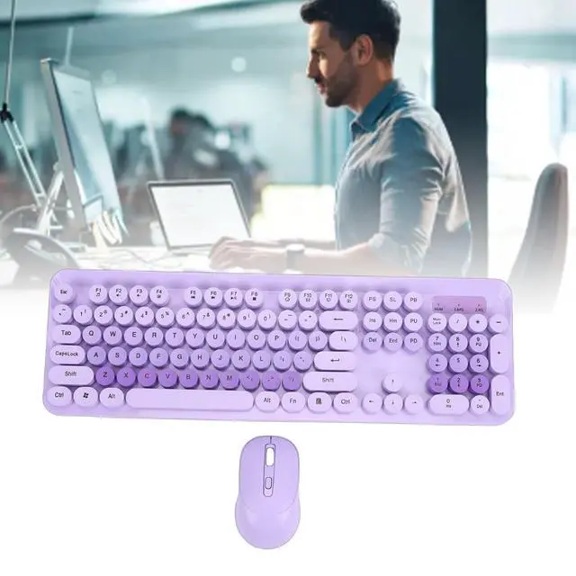 Alt view image 6 of 7 - Wireless Keyboard and Mouse Combo, 104 Key Typewriter Retro Gaming Keyboard with Ergonomic Design, Cute Quiet Mouse, for PC (Purple)