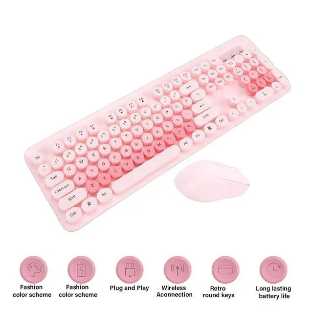Alt view image 2 of 7 - Wireless Keyboard and Mouse Combo, 104 Key Typewriter Retro Gaming Keyboard with Ergonomic Design, Cute Quiet Mouse, for PC (Pink)