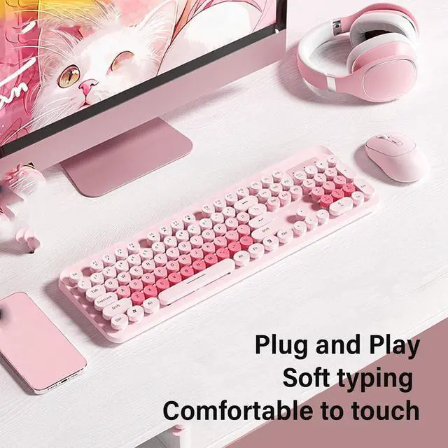 Alt view image 3 of 7 - Wireless Keyboard and Mouse Combo, 104 Key Typewriter Retro Gaming Keyboard with Ergonomic Design, Cute Quiet Mouse, for PC (Pink)