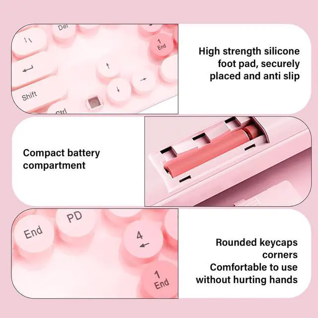 Alt view image 4 of 7 - Wireless Keyboard and Mouse Combo, 104 Key Typewriter Retro Gaming Keyboard with Ergonomic Design, Cute Quiet Mouse, for PC (Pink)