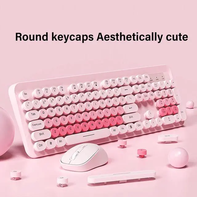 Alt view image 5 of 7 - Wireless Keyboard and Mouse Combo, 104 Key Typewriter Retro Gaming Keyboard with Ergonomic Design, Cute Quiet Mouse, for PC (Pink)