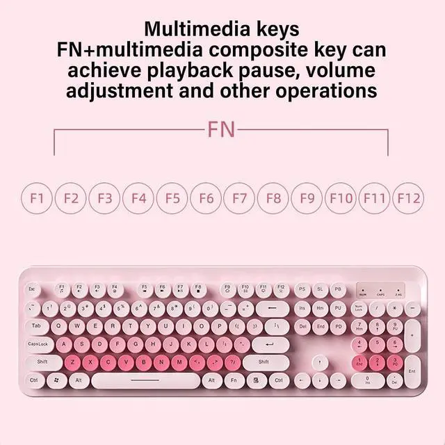 Alt view image 6 of 7 - Wireless Keyboard and Mouse Combo, 104 Key Typewriter Retro Gaming Keyboard with Ergonomic Design, Cute Quiet Mouse, for PC (Pink)