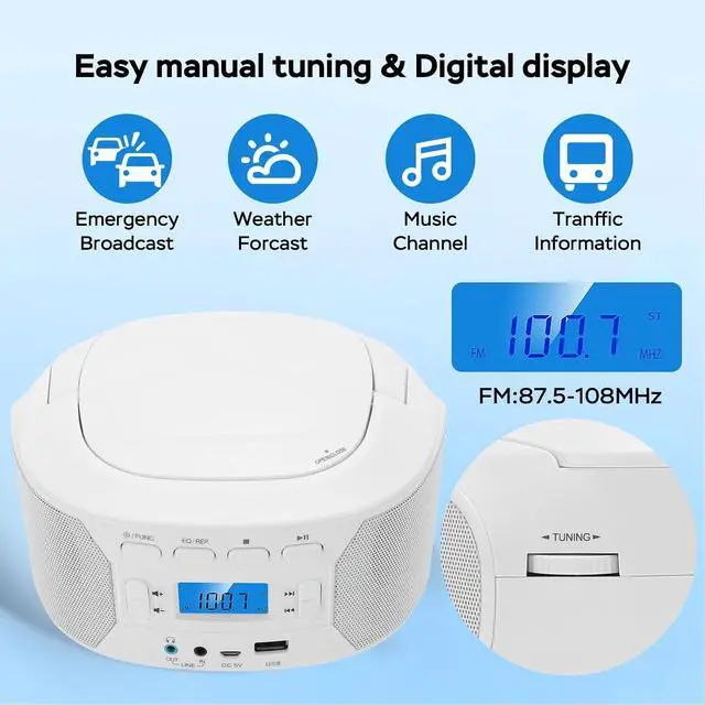 Alt view image 2 of 7 - Portable CD Player, Bluetooth Handheld Compact Home Music Player with Top Loading, FM Radio USB AUX Input, Easy to Use (US Plug)