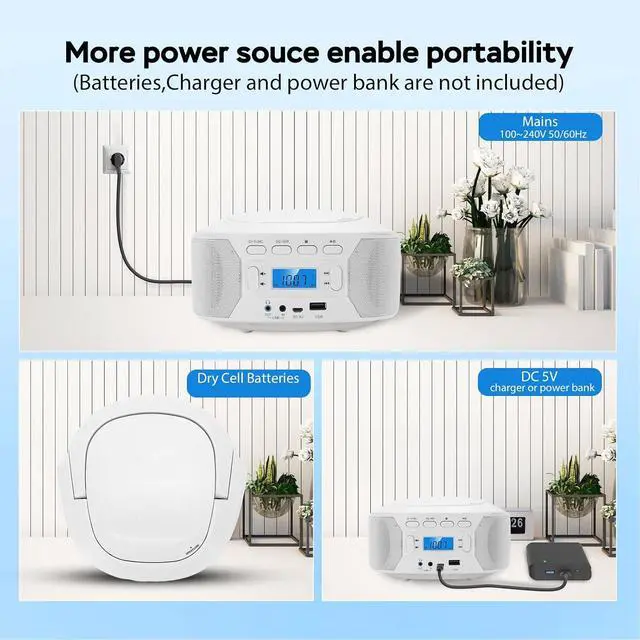 Alt view image 4 of 7 - Portable CD Player, Bluetooth Handheld Compact Home Music Player with Top Loading, FM Radio USB AUX Input, Easy to Use (US Plug)