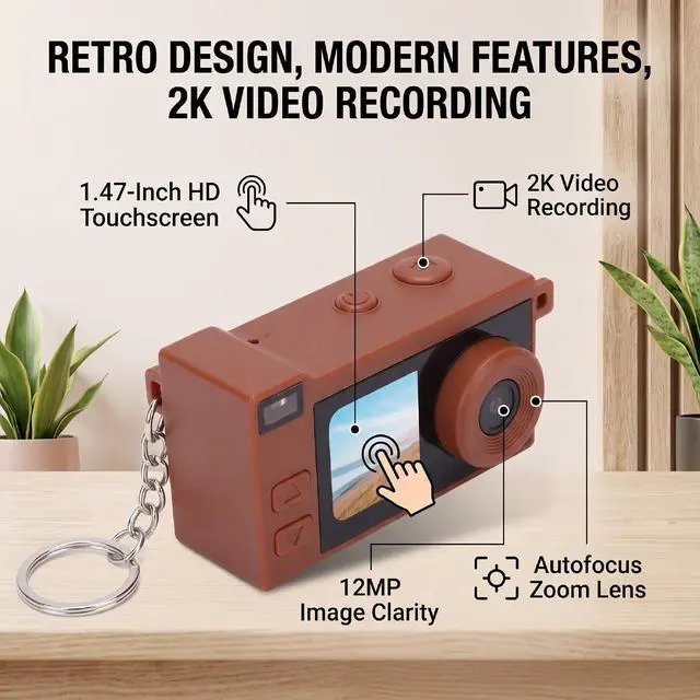 Alt view image 2 of 7 - Keychain Camera, Retro Digital Camera, 2K Video, 12MP (Brown)