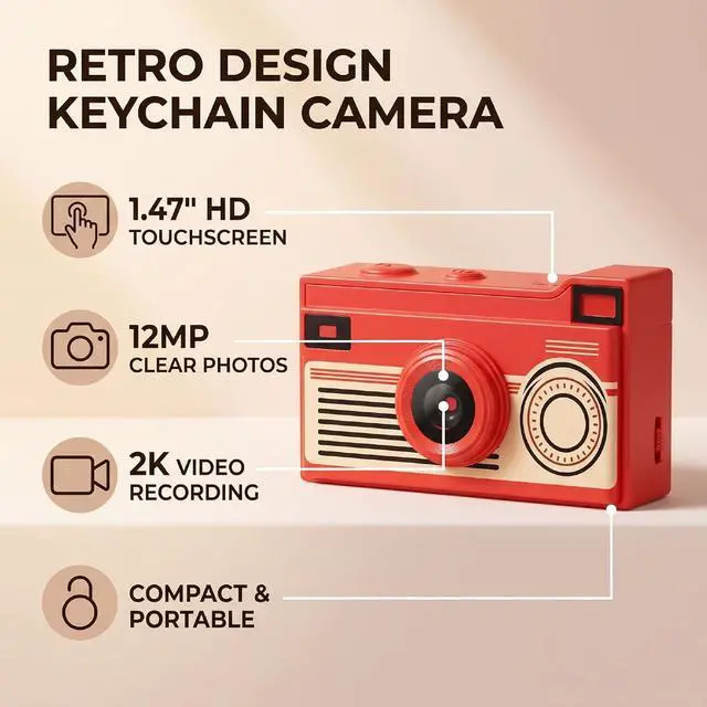 Alt view image 2 of 7 - Keychain Camera, Retro Digital Camera, 2K Video, 12MP (Red)