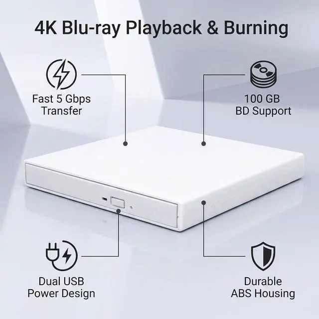 Alt view image 2 of 7 - External USB Optical Drive 5Gbps BD DVD CD Burner (White)