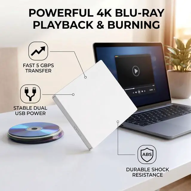 Alt view image 3 of 7 - External USB Optical Drive 5Gbps BD DVD CD Burner (White)