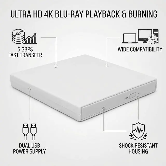 Alt view image 4 of 7 - External USB Optical Drive 5Gbps BD DVD CD Burner (White)