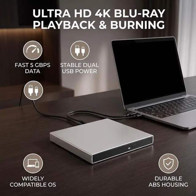 Alt view image 2 of 7 - External USB Optical Drive 5Gbps BD DVD CD Burner (Black)