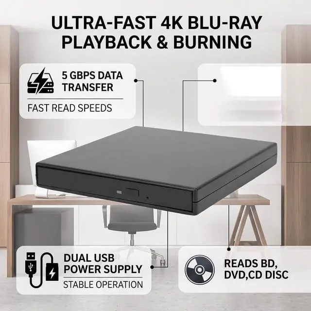 Alt view image 3 of 7 - External USB Optical Drive 5Gbps BD DVD CD Burner (Silver)