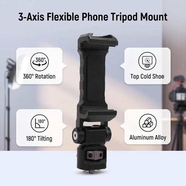 Alt view image 2 of 7 - Phone Tripod Mount, 3 Axis Adjustable, 1/4" Thread