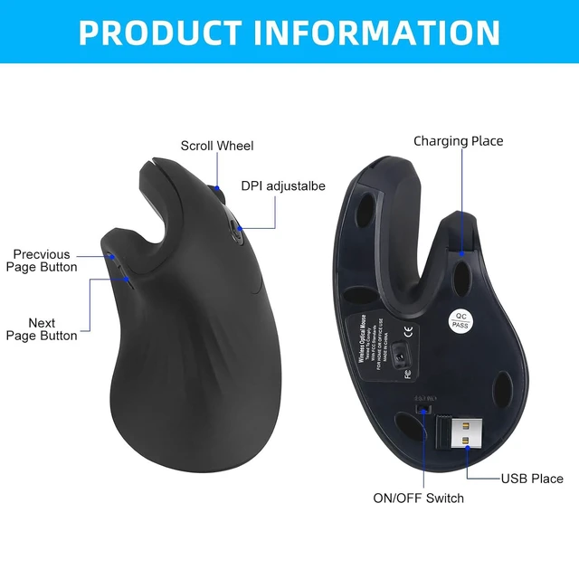 Alt view image 7 of 7 - Wireless Mouse, 2.4G Vertical Mouse, 3 Level DPI