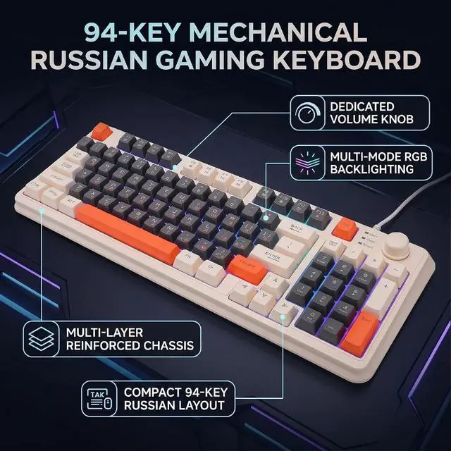 Alt view image 2 of 7 - Russian Mechanical Gaming Keyboard 94 Keys