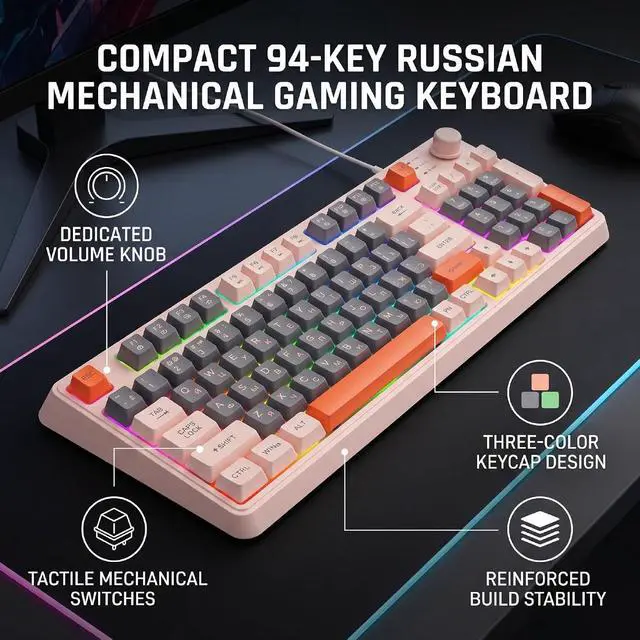 Alt view image 3 of 7 - Russian Mechanical Gaming Keyboard 94 Keys