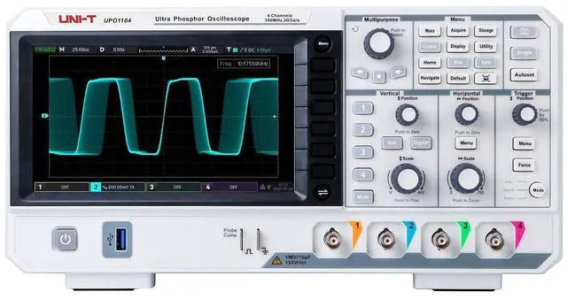 Alt view image 2 of 7 - UNI-T UPO1104 Digital Oscilloscope - 100 MHz, 4 Channels, 2 GSa/s, 56 Mpts, 7 in Display