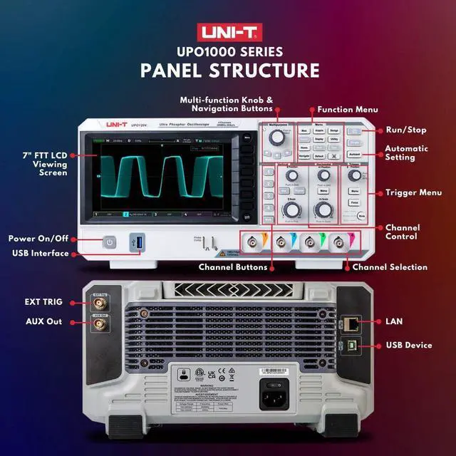 Alt view image 7 of 7 - UNI-T UPO1204 DSO Ultra Phosphor Digital Oscilloscope 200MHz 4 Channels 2 GSa/s 56 Mpts Memory Depth 500,000 wfm/s 7 Inch Display Fast Acquire 1 Mpts FFT Points