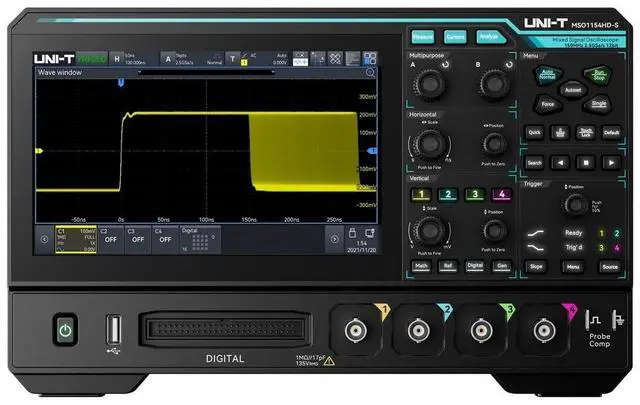 Main image of UNI-T MSO1154HD High Resolution Mixed Signal Oscilloscope 4 + 16 Channels 12-Bit 2.5GSa/s 7" Touchscreen 100Mpts 1,000,000wfms/s Ultra Phosphor 3.0 (150MHz 4Ch)