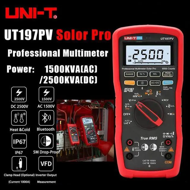 Alt view image 2 of 7 - UNI-T UT197PV Solar Pro Industrial TRMS Digital Multimeter with Bluetooth Photovoltaic 2500V Solar Power Peak VFD IP67 5-Meter Drop Protection 100V