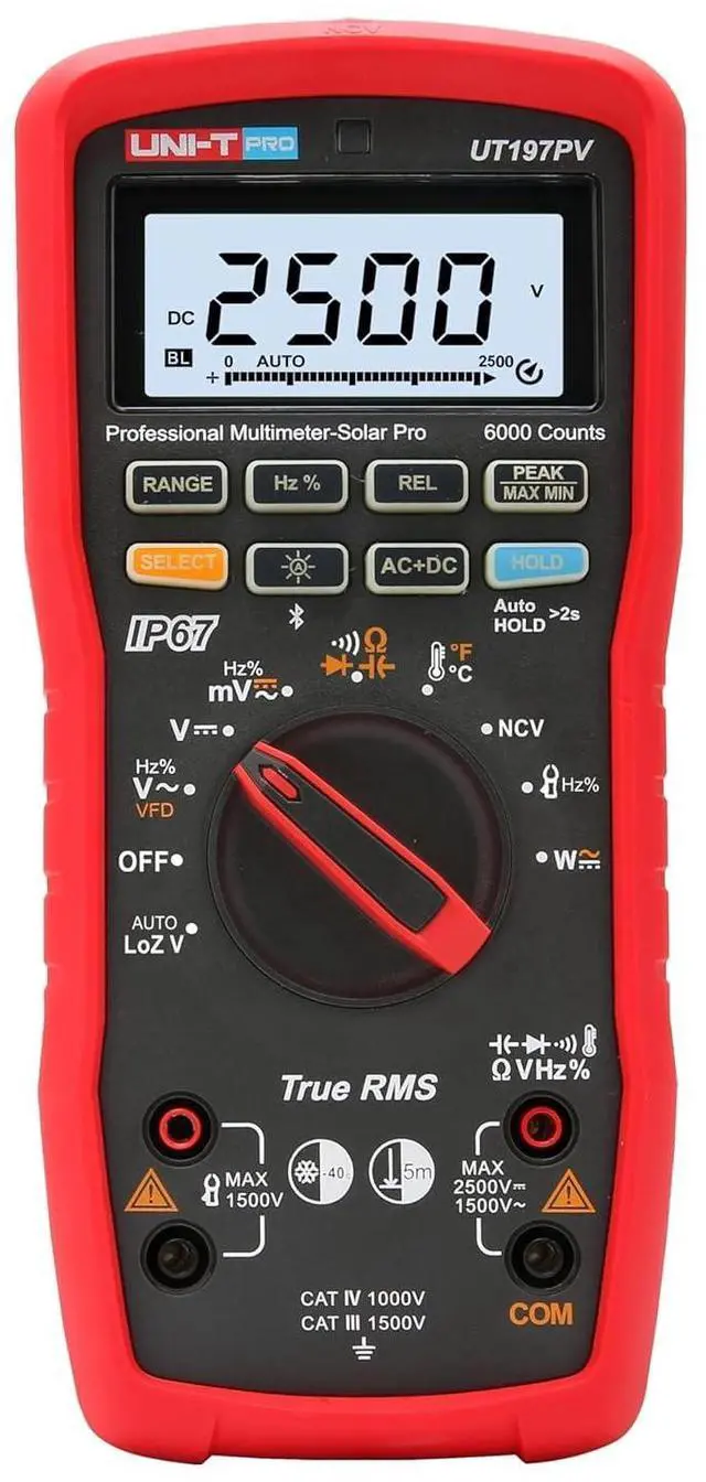Main image of UNI-T UT197PV Solar Pro Industrial TRMS Digital Multimeter with Bluetooth Photovoltaic 2500V Solar Power Peak VFD IP67 5-Meter Drop Protection 100V