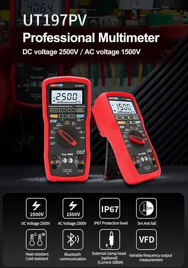 Alt view image 3 of 7 - UNI-T UT197PV Solar Pro Industrial TRMS Digital Multimeter with Bluetooth Photovoltaic 2500V Solar Power Peak VFD IP67 5-Meter Drop Protection 100V