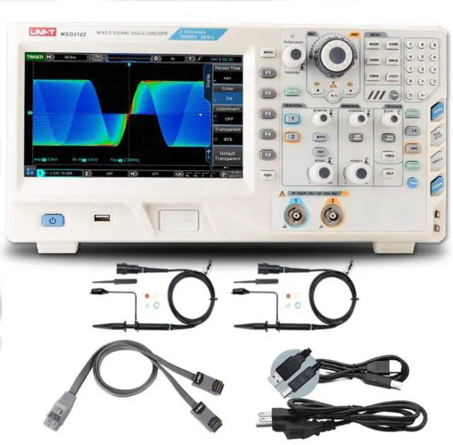 Main image of UNI-T MSO2102 100 MHz 2+16 Ch MSO Mixed Signal Digital Oscilloscope 2 GSa/s 56 Mpts Memory Depth 1,000,000 wfms/s 8-inch Touch Screen