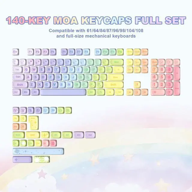 Alt view image 3 of 7 - Rainbow 140 Keys MOA PBT Dye-Sub Keycaps (Rainbow, MOA Profile)