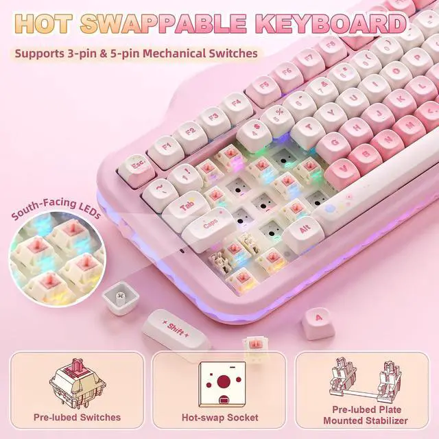 Alt view image 5 of 7 - YUNZII C98 Cute Cake Wireless Mechanical Keyboard(Pink, Candy Switch)