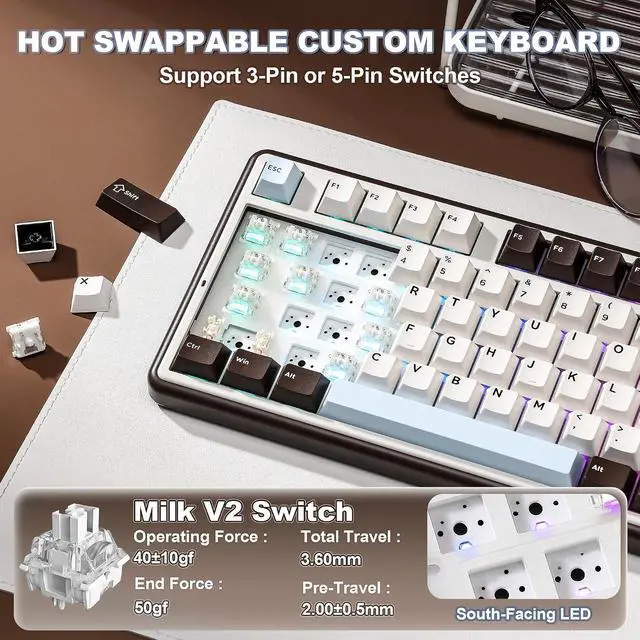 Alt view image 6 of 7 - YUNZII B98 PRO 96% Wireless Mechanical Keyboard(Coffee Brown, Milk Switch)