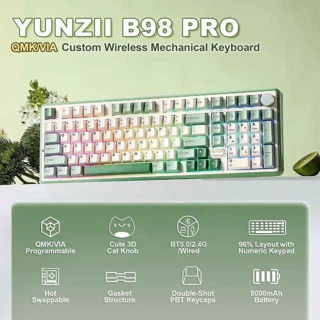 Alt view image 2 of 7 - YUNZII B98 PRO 96% Wireless Mechanical Keyboard (Matcha Green, Milk Switch)