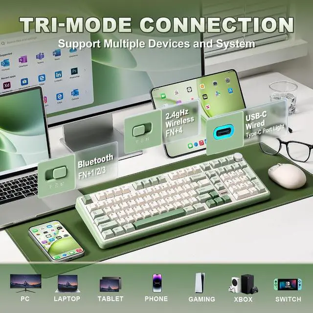 Alt view image 3 of 7 - YUNZII B98 PRO 96% Wireless Mechanical Keyboard (Matcha Green, Milk Switch)