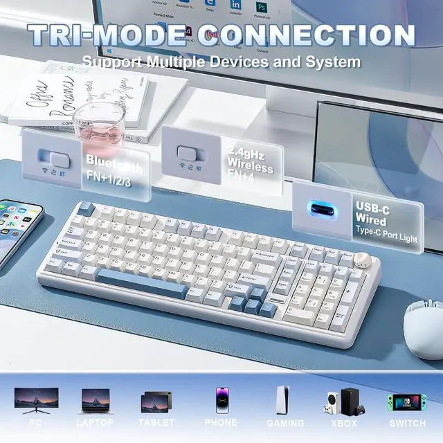 Alt view image 3 of 7 - YUNZII B98 PRO 96% Wireless Mechanical Keyboard(Blue, Candy Switch)