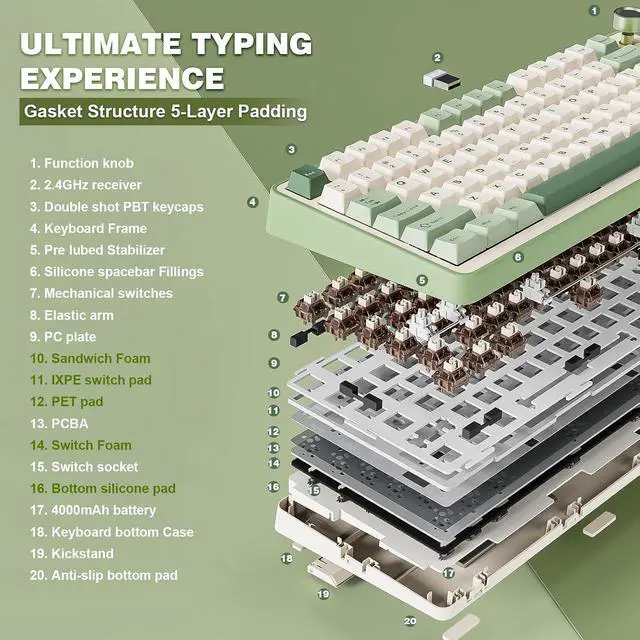 Alt view image 5 of 7 - B75 PRO Wireless Mechanical Keyboard (Matcha Green, Cocoa Cream V2 Switch) M2 Dual 8K Wireless Gaming Mouse (White)